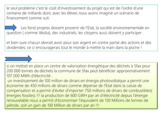 le seul problème c'est le coût d'investissement du projet qui est de l'ordre d'une
centaine de milliards donc avec les élèves nous avons imaginé un scénario de
financement comme suit:
Les fond propres doivent provenir de l'Etat, la société environnementale en
question ( comme Véolia), des industriels, les citoyens aussi doivent y participer .
et bien sure chacun devrait avoir pour son argent en contre partie des actions et des
dividendes; ce ci encouragerais tout le monde à mettre la main dans la poche !
si on mettait en place un centre de valorisation énergétique des déchets à Sfax pour
200 000 tonnes de déchets la commune de Sfax peut bénéficier approximativement
107 000 MWh d'électricité .
un investissement de 100 million de dinars en énergie photovoltaïque a permit une
économie de 450 millions de dinars comme dépense de l'Etat dans la caisse de
compensation et a permit d’éviter d'importer 750 millions de dinars de combustibles(
énergies fossiles) !!! la production de 600 GWH par an d’électricité depuis l’énergie
renouvelable nous a permit d'économiser l’équivalent de 150 Millions de tonnes de
pétrole, soit un gain de 100 Million de dinars par an !!!
 