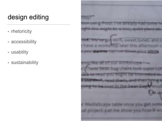 design editing
• rhetoricity
• accessibility
• usability
• sustainability
 