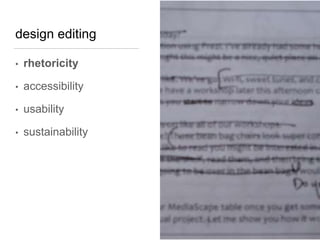 design editing
• rhetoricity
• accessibility
• usability
• sustainability
 