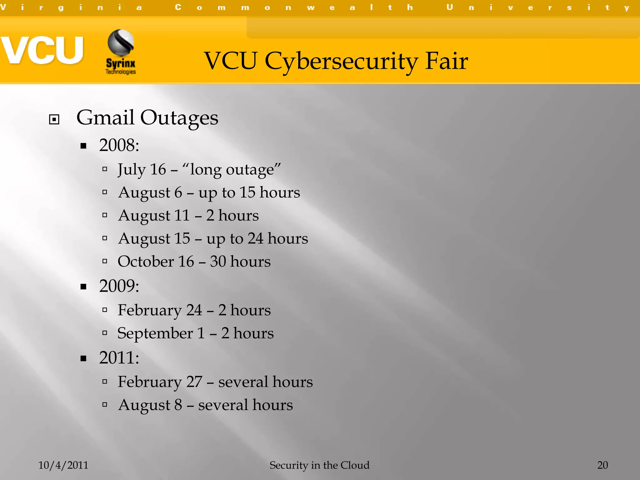 PublicShared resources, usually multi-tenantOff-premisePrivateResources dedicated to clientOn-premise or off-premiseHybridCombination of on-premise and cloud-based servicesGrowing in popularity as companies slowly transition applications10/4/2011Security in the Cloud12Public vs. Private vs. Hybrid Cloud Models