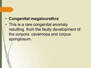• Congenital megalourethra
• This is a rare congenital anomaly
resulting from the faulty development of
the corpora cavernosa and corpus
spongiosum.
 
