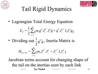 Tail Rigid Dynamics
• Lagrangian Total Energy Equation
• Dividing out , Inertia Matrix is
Jacobian terms account for changing shape of
the tail on the inertias seen by each link
ET =
1
2
mi ˙qT
Ji
LT
Ji
L
˙q + ˙qT
Ji
A T
IiJi
A
˙q( )
i=1
4
∑
H(4 ×4 ) = miJi
LT
Ji
L
+ Ji
A T
IiJi
A
( )
i=1
4
∑
1
2
˙qT
˙q
Intro Sys Model Control Results 12
 