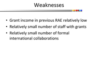 Weaknesses Grant income in previous RAE relatively low Relatively small number of staff with grants Relatively small number of formal international collaborations 
