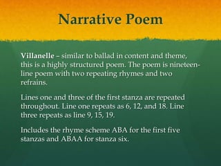 Narrative Poem
Villanelle – similar to ballad in content and theme,
this is a highly structured poem. The poem is nineteen-
line poem with two repeating rhymes and two
refrains.
Lines one and three of the first stanza are repeated
throughout. Line one repeats as 6, 12, and 18. Line
three repeats as line 9, 15, 19.
Includes the rhyme scheme ABA for the first five
stanzas and ABAA for stanza six.
 