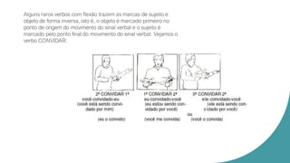 Alguns raros verbos com flexão trazem as marcas de sujeito e
objeto de forma inversa, isto é, o objeto é marcado primeiro no
ponto de origem do movimento do sinal verbal e o sujeito é
marcado pelo ponto final do movimento do sinal verbal. Vejamos o
verbo CONVIDAR:
 