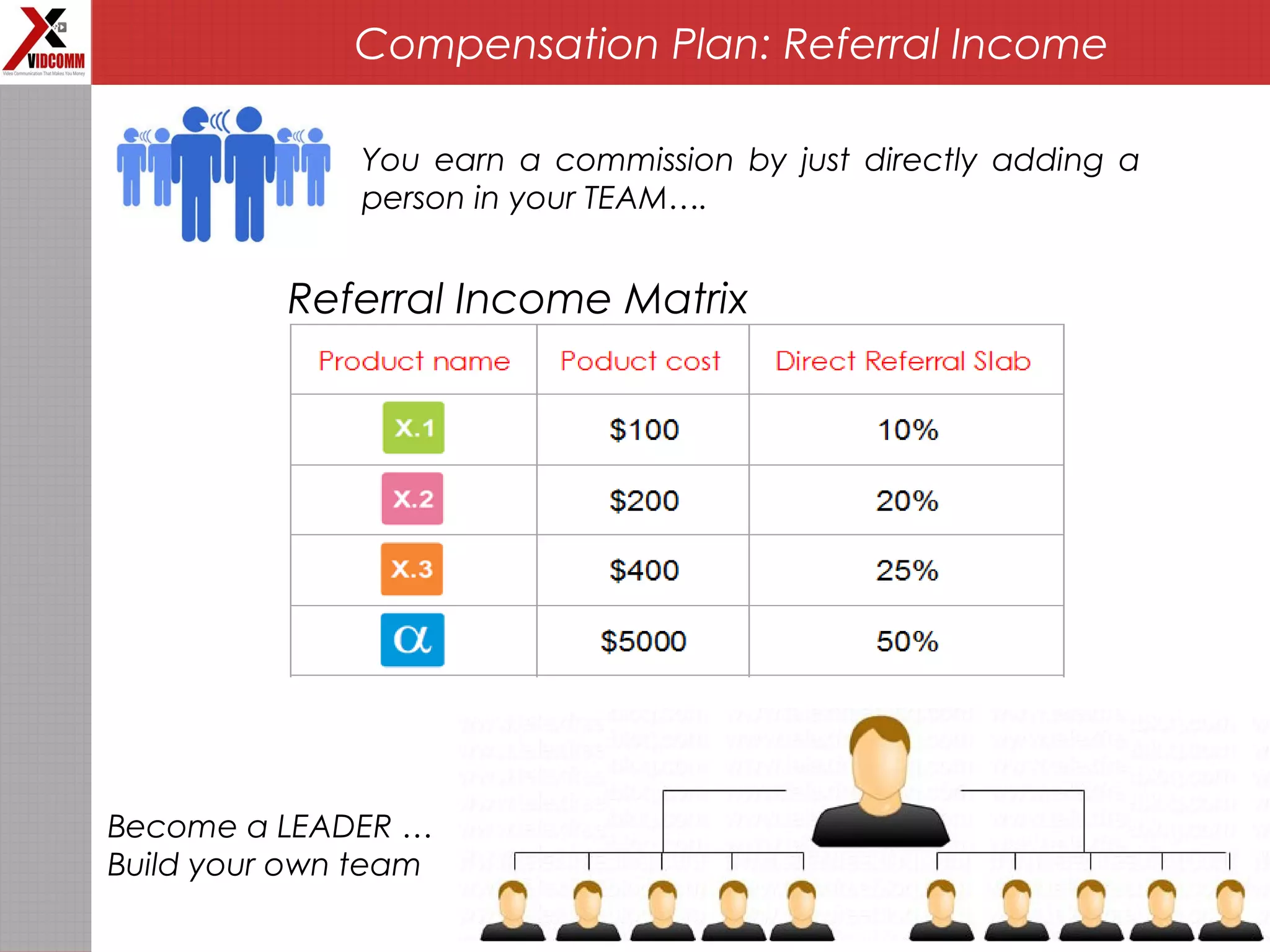 Compensation Plan: Referral Income
You earn a commission by just directly adding a
person in your TEAM….
Referral Income Matrix
Become a LEADER …
Build your own team
 