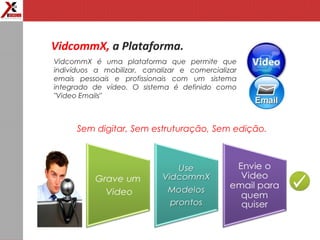VidcommX, a Plataforma.
VidcommX é uma plataforma que permite que
indivíduos a mobilizar, canalizar e comercializar
emais pessoais e profissionais com um sistema
integrado de vídeo. O sistema é definido como
"Video Emails"
Sem digitar, Sem estruturação, Sem edição.
 