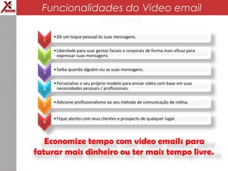 Economize tempo com video emails para
faturar mais dinheiro ou ter mais tempo livre. 
Funcionalidades do Video email
Features
 
