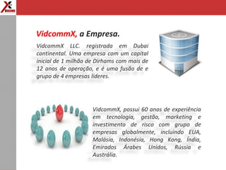 VidcommX LLC. registrada em Dubai
continental. Uma empresa com um capital
inicial de 1 milhão de Dirhams com mais de
12 anos de operação, e é uma fusão de e
grupo de 4 empresas líderes.
VidcommX, a Empresa.
VidcommX, possui 60 anos de experiência
em tecnologia, gestão, marketing e
investimento de risco com grupo de
empresas globalmente, incluindo EUA,
Malásia, Indonésia, Hong Kong, Índia,
Emirados Árabes Unidos, Rússia e
Austrália.
 
