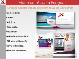 Video email : uma Imagem
•Comerciantes
•Traders
•Médicos
•Engenheiros
•Networkers
•Industria Automobilistica
•Ciências e Educação
•Serviços Públicos.
• Industria Imobiliária
A maioria das corporações acreditam no uso de Video email.
 