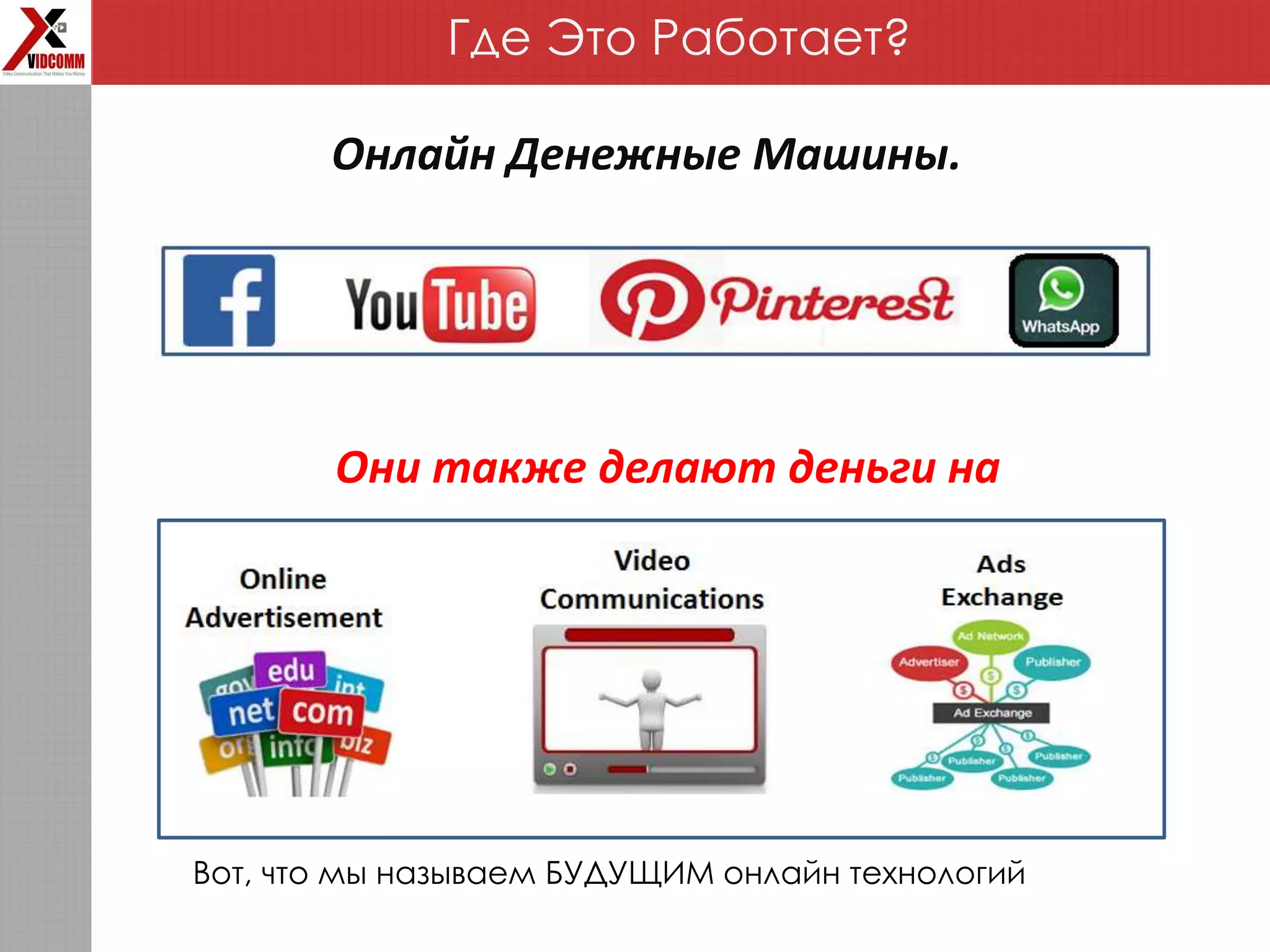 Где Это Работает?
Онлайн Денежные Машины.
Они также делают деньги на
Вот, что мы называем БУДУЩИМ онлайн технологий
 