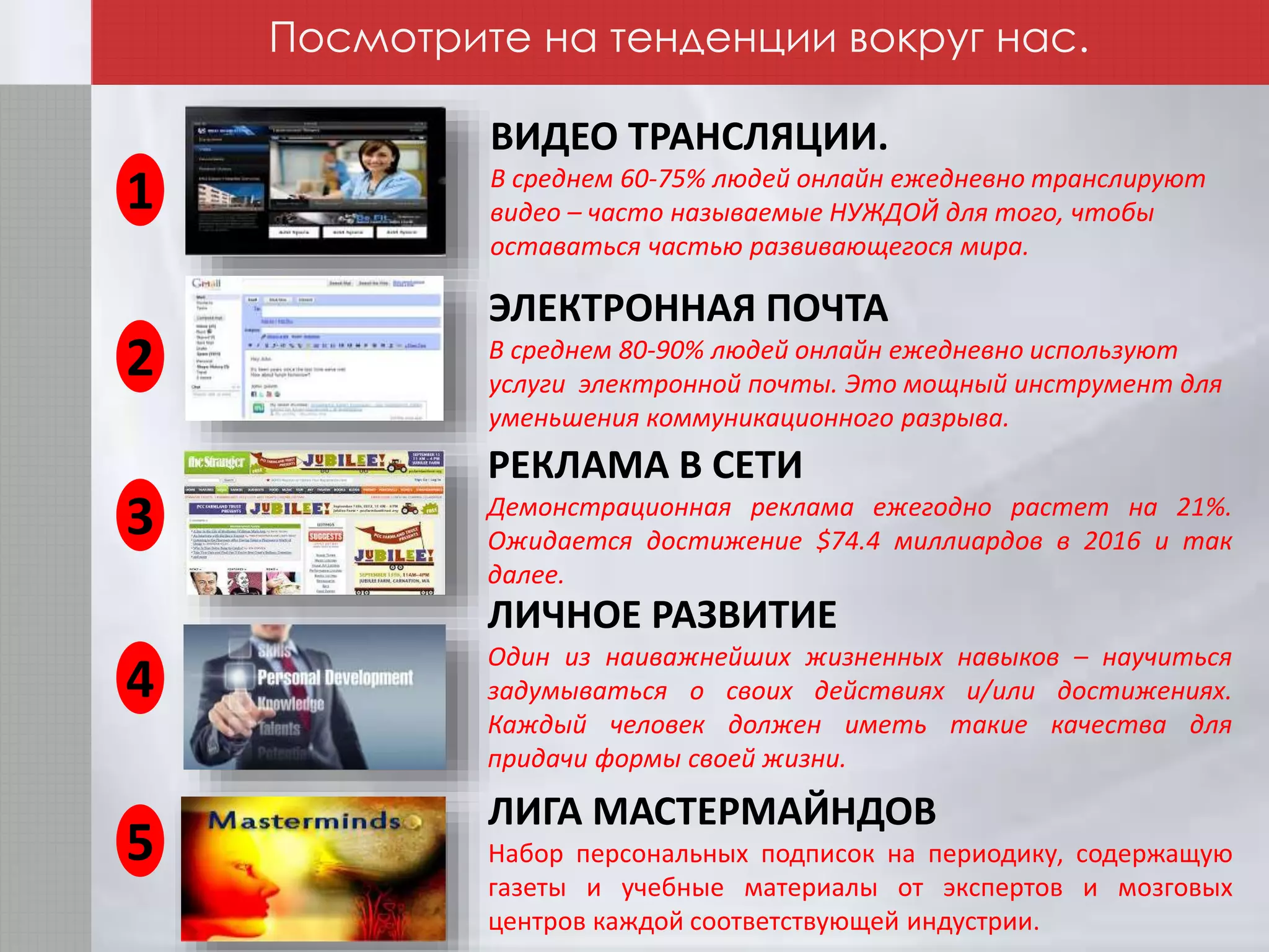 ВИДЕО ТРАНСЛЯЦИИ.
В среднем 60-75% людей онлайн ежедневно транслируют
видео – часто называемые НУЖДОЙ для того, чтобы
оставаться частью развивающегося мира.
ЭЛЕКТРОННАЯ ПОЧТА
В среднем 80-90% людей онлайн ежедневно используют
услуги электронной почты. Это мощный инструмент для
уменьшения коммуникационного разрыва.
РЕКЛАМА В СЕТИ
Демонстрационная реклама ежегодно растет на 21%.
Ожидается достижение $74.4 миллиардов в 2016 и так
далее.
1
2
3
4
5
ЛИЧНОЕ РАЗВИТИЕ
Один из наиважнейших жизненных навыков – научиться
задумываться о своих действиях и/или достижениях.
Каждый человек должен иметь такие качества для
придачи формы своей жизни.
ЛИГА МАСТЕРМАЙНДОВ
Набор персональных подписок на периодику, содержащую
газеты и учебные материалы от экспертов и мозговых
центров каждой соответствующей индустрии.
Посмотрите на тенденции вокруг нас.
 