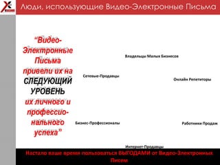 Бизнес-Профессионалы
Онлайн Репетиторы
Интернет-Продавцы
Сетевые-Продавцы
Работники Продаж
Владельцы Малых Бизнесов
“Видео-
Электронные
Письма
привели их на
СЛЕДУЮЩИЙ
УРОВЕНЬ
их личного и
профессио-
нального
успеха”
Настало ваше время пользоваться ВЫГОДАМИ от Видео-Электронных
Писем
Люди, использующие Видео-Электронные Письма
 