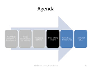 Agenda
The “What”
and “Why” of
microservices
Design
Considerations
and Patterns
Packaging
Options
Cross-cutting
concerns
When to use
microservices
Summary /
Q&A
©2015 Derek C. Ashmore, All Rights Reserved 46
 