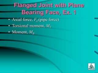 Flanged Joint with Plane
Bearing Face, Ex. 1
• Axial force, FA (pipe force)
• Torsional moment, MT
• Moment, MB
 
