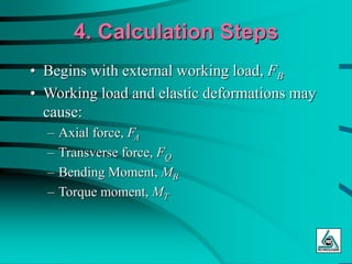 4. Calculation Steps
• Begins with external working load, FB
• Working load and elastic deformations may
cause:
– Axial force, FA
– Transverse force, FQ
– Bending Moment, MB
– Torque moment, MT
 
