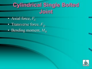 Cylindrical Single Bolted
Joint
• Axial force, FA
• Transverse force, FQ
• Bending moment, MB
 