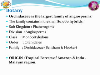 Botany
 Orchidaceae is the largest family of angiosperms.
 The family contains more than 80,000 hybrids.
 Sub Kingdom : Phanerogams
 Division : Angiosperms
 Class : Monocotyledons
 Order : Orchidales
 Family : Orchidaceae (Bentham & Hooker)
 ORIGIN : Tropical Forests of Amazon & Indo -
Malayan region.
 