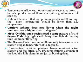  Temperature influences not only proper vegetative growth,
but also production of flowers in quite a good number of
species.
 It should be noted that for optimum growth and flowering,
the night temperature should be lower than day
temperature.
 Cattleya labiata does not flower when the night
temperature is higher than 21 degree C.
 Most Cymbidium species need a temperature of 13-16
degree C, during nights and plenty of sunlight during day
time for proper flowering.
 The Dendrobium crumentaum, flower only in response to a
sudden drop in temperature of 10 degree C.
 However, in all cases, temperature changes must not be too
sudden and too often. Very low temperatures common at
the foot hills kills plant tissues just as burning does.
 