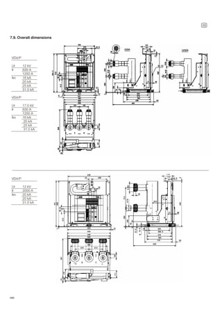 29
ABB
7.9. Overall dimensions
VD4/P
Ur
Ir
Isc
VD4/P
Ur
Ir
Isc
12 kV
630 A
1250 A
16 kA
20 kA
25 kA
31.5 kA
17.5 kV
630 A
1250 A
16 kA
20 kA
25 kA
31.5 kA
VD4/P
Ur
Ir
Isc
12 kV
2000 A
20 kA
25 kA
31.5 kA
 
