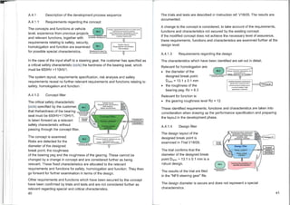 Relevant functions, requirements and
characteristics for
specifying the supply chain ~Bg151lallOn an
"
...
...
CIO
otANIfit
Pr
t—
thelealed deleapa:Ndsfrwronc.
pecification; experience from
previous projects; design layout;
covedng simulation; trials;
assessment; verification
Relevant for homologation are:
• the diameter of the
designed break point:
Dspec = 13.1 ± 0.1 mm
• the roughness of the
bearing peg: Rz = 6.3
Relevant for function is:
Design
mileage
Design filter
-
1.1 ProirppocP •
.............
I heecesrat
ednireatedelet eel
raetdd.
ais...ftera ha
Romeinds.
Tialaffeal detetnahledda Met
specified characteristics
rtvw.s.
eeadess
wrnsra.d
eam
A.4.1 Description of the development process sequence
A.4.1.1 Requirements regarding the concept
The concepts and functions at vehicle
level, experience from previous projects ‘5140.
System layout
Requirements specification
Risk analysis
In the case of the input shaft to a steering gear, the customer has specified as
a critical safety characteristic (cc/s) the hardness of the bearing seat, which
must be 650HV +110HV1.
The system layout, requirements specification, risk analysis and safety
requirements reveal no further relevant requirements and functions relating to
safety, homologation and function.
A.4.1.2 Concept filter
The critical safety characteristic
(cc/s) specified by the customer,
that thehardness of the bearing „.„„,„„,„
seat must be 650HV+110HV1,
is taken forward as a relevant
safety characteristic without
passing through the concept filter.
The concept is examined.
Risks are detected for the
diameter of the designed
sPegc11,2S41,",:n.:;'d`e'r'''"
break point, the roughness
of the bearing peg and the roughness of the gearing. These cannot be
changed by a change in concept and are considered further as being
relevant. These fixed characteristics are allocated to the relevant
requirements and functions for safety, homologation and function. They then
go forward for further examination in terms of the design.
Other requirements and functions which have been secured by the concept
have been confirmed by trials and tests and are not considered further as
relevant regarding special and critical characteristics.
40
The trials and tests are described in instruction ref. V18/05. The results are
documented.
A change to the concept is considered, to take account of the requirements,
functions and characteristics not secured by the existing concept.
If the modified concept does not achieve the necessary level of assurance,
these requirements, functions and characteristics are examined further at the
design level.
A.4.1.3 Requirements regarding the design
The characteristics which have been identified are set out in detail.
• the gearing roughness level Rz = 12
These identified requirements, functions and characteristics are taken into
consideration when drawing up the performance specification and preparing
the layout in the development phase.
A.4.1.4 Design filter
The design layout of the
designed break point is
examined in Trial V18/09.
The trial confirms that the
diameter of the designed break
point Dspec = 13.1 ± 0.1 mm is a
robust design.
The results of the trial are filed
in the "NF9 steering gear" file.
The design diameter is secure and does not represent a special
characteristics.
41
ate heti
and relevant functions, together with IproductIondtelopment
requirements relating to safety, security,
homologation and function are examined
for possible special characteristics. Requirements rngrnt, for
the contract to be issued
Concept, requirements 8 functions al vehicle level,
experience from previous projects,
safety requirements, homologation-relevant,
legal and public authority regulations,
customer requirements
to b.Weed f
Relevant functions, requirements and
characteristics for
Safety, registration and function
System layout
Requirements specification
Risk analysis
Safety requirements
fuocuon.
nIt rp.
Z.
j [T•1•[1•11111,1
 