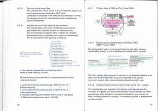 A.5.4 Process steps at OEM and Tier 1 level (ML3)
Production-
concepl
I change
Manotactviing faealtablty study
and testability smartie,. risk
PiPPYstai ProdOctloriplanning;
cettcepi
Production s
C
liannIng fitter
0/11C•p
---
1
7
r
Preolailisch OP
''''
cherecleilelice net
tracked further as
velidetion Is
documented by
XitifittPAPPint
Spaniel chsreciralslice to his
validated by process layout
V
Steering wheel interlock characteristics
s_gap between released latch and steering
column >=3 mm
Latch characteristic
s width= 24 mm ± 0.1
Bolt characteristics
s_h_length = 50 mm +0 1
Trigger characteristics
s_h_length= 12 mm ±0.1
Gear characteristics
s_h_length= 7 mm ±0.1
Characteristics of housing (left)
s_h_length= 80 mm ±0.2
Characteristics of housing (right)
s_h_length= 80 mm ±0.2
Characteristics of steering column tube
s_h_length of housing positioning= 80 mm ±0.2
Characteristics of steering column tube
s_h_gap between upper housing position and bearing
for latch = 13 mm ±0.05
s: Gap between released latch and steering column
[steering wheel interlock] >=3 mm
All other dimensions are identified as individual dimensions in the
component drawing:
s: control dimension for positioning peg = DMR 2.6 mm +0.1
[left-hand housing]
s: control dimension for positioning hole = DMR 2.6 mm -0.1
[right-hand housing]
s: coaxiality of bearing point diameter with housing = 0.08 [gear]
f E: Material hardness [barrier latch] = 268 HB
steering column in the vehicl- <
Fltstewing wheelMale*to the stowingcolumn
h_lock the steering column in 'key closed" position
jelienle steering column in 'key open" position
Sioanng colon.net releeend "kiny own'poulhon
deal noworwearemonni for %looms whorl inladeekt
Una**sleeking column IranUnmoor st once et
001411..lelteleiht pindbruyil
Lemma economicassembly
trili
alr
int;agesieving *halneatest( tern
ea
politicks
operators
s_h_postion slosatsp retool emetic),on amens *slum
/
a h as aleanrio seheet Wort:ink ha togyercink
SiOlgillgWWIinuidock
1yeasas pegbeer be.'wen'Pate.
Pep tositionnotopen
•
wowsscresdanal
lessenscolumn
A.5.3.2 Carrying out the design filter:
The characteristic cc/h is shown in the development stage to be
robust against process fluctuations (DoE trials).
Certification is described in the technical documentation covering
the development and the characteristic not be considered as
special characteristic.
A.5.3.3 Including the sc/cc in the technical documentation:
The characteristics of the chain of dimensions covering the
gap between the unlatched bolt and the steering column
are not considered as separate items. Instead, the complete
dimensional chain is considered as a single cc/s characteristic.
This is documented in the assembly drawing (s).
A.5.4.1 Deriving special characteristics on the basis of the
OEM's Process FMEA
The latch position "open" is not robust. Due to the high effect "steering
blocked while driving", a cc/s is identified and marked for this purpose.
Install:Merino system
s_enebre Widelobe Owed
ven?=Tibli
g'i
l'
de
r'
veiree
nrt'
l=key removed
alleirtai0 repair costs (Instal= dot. e:at
WMmeetMoulemeireskramailoalsowem
f_comply with delivery limes (JIT)
iYrdae steering gear In the vehicle <
The "latch position when received" is recorded in the assembly drawing as an
action from the Process FMEA (cc/s) and forwarded to the supplier.
cc/s: Latch position when received [steering wheel interlock] = open
A.5.4.2 Carrying out the production planning filter by the Tier 1 supplier
The characteristic cc/s: coaxiality of the bearing point diameter with the
housing = 0.08 [gear] is no special characteristic because the two diameters
are produced when gripped in a machine and therefore, as a concept, no
error can occur in terms of coaxiality. The machine capability is demonstrated
and documented.
56 57
 