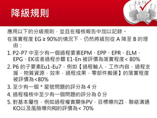降級規則
應用以下的分級規則，並且在稽核報告中加以記錄。
在落實程度 EG ≥ 90%的情況下，仍然將級別從 A 降至 B 的理
由：
1. P2-P7 中至少有一個過程要素EPM、EPP、EPR、ELM、
EPG、EK或者過程步驟 E1-En 被評價為落實程度< 80%
2. P6 的子要素Eu1-Eu7，例如【過程輸入，工作內容，過程支
援，物質資源，效率，過程成果，零部件搬運】的落實程度
被評價為<80%
3. 至少有一個＊星號問題的評分為 4 分
4. 過程稽核中至少有一個問題的評分為 0 分
5. 對基本屬性，例如過程權責關係PV，目標導向ZI，聯絡溝通
KO以及風險導向RI的評價為< 70%
 