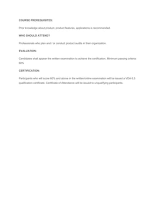 VDA 6.5 (REVISED VOLUME 2020) PRODUCT AUDITOR QUALIFICATION COURSE