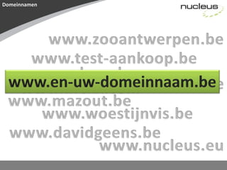 Domeinnamenwww.zooantwerpen.bewww.test-aankoop.bewww.cardoen.bewww.en-uw-domeinnaam.bewww.azur.bewww.mexx.comwww.mazout.bewww.woestijnvis.bewww.davidgeens.bewww.nucleus.eu