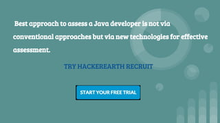 Best approach to assess a Java developer is not via
conventional approaches but via new technologies for effective
assessment.
TRY HACKEREARTH RECRUIT
 