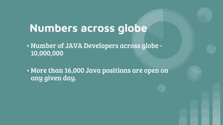 Numbers across globe
•Number of JAVA Developers across globe -
10,000,000
•More than 16,000 Java positions are open on
any given day.
 
