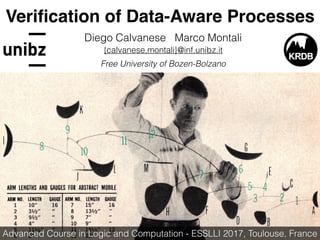 Veriﬁcation of Data-Aware Processes
Diego Calvanese Marco Montali
{calvanese,montali}@inf.unibz.it
Free University of Bozen-Bolzano
Advanced Course in Logic and Computation - ESSLLI 2017, Toulouse, France
 