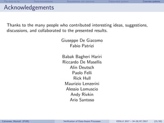 The story so far State-boundedness Boundedness and resources Unbounded systems Concrete systems
Acknowledgements
Thanks to the many people who contributed interesting ideas, suggestions,
discussions, and collaborated to the presented results.
Giuseppe De Giacomo
Fabio Patrizi
Babak Bagheri Hariri
Riccardo De Masellis
Alin Deutsch
Paolo Felli
Rick Hull
Maurizio Lenzerini
Alessio Lomuscio
Andy Rivkin
Ario Santoso
Calvanese, Montali (FUB) Veriﬁcation of Data-Aware Processes ESSLLI 2017 – 24–28/07/2017 (21/20)
 