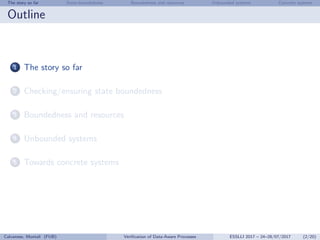 The story so far State-boundedness Boundedness and resources Unbounded systems Concrete systems
Outline
1 The story so far
2 Checking/ensuring state boundedness
3 Boundedness and resources
4 Unbounded systems
5 Towards concrete systems
Calvanese, Montali (FUB) Veriﬁcation of Data-Aware Processes ESSLLI 2017 – 24–28/07/2017 (2/20)
 