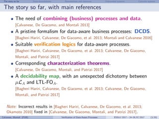 The story so far State-boundedness Boundedness and resources Unbounded systems Concrete systems
The story so far, with main references
The need of combining (business) processes and data.
[Calvanese, De Giacomo, and Montali 2013]
A pristine formalism for data-aware business processes: DCDS.
[Bagheri Hariri, Calvanese, De Giacomo, et al. 2013; Montali and Calvanese 2016]
Suitable veriﬁcation logics for data-aware processes.
[Bagheri Hariri, Calvanese, De Giacomo, et al. 2013; Calvanese, De Giacomo,
Montali, and Patrizi 2017]
Corresponding characterization theorems.
[Calvanese, De Giacomo, Montali, and Patrizi 2017]
A decidability map, with an unexpected dichotomy between
µLA and LTL-FOA.
[Bagheri Hariri, Calvanese, De Giacomo, et al. 2013; Calvanese, De Giacomo,
Montali, and Patrizi 2017]
Note: Incorrect results in [Bagheri Hariri, Calvanese, De Giacomo, et al. 2013;
Okamoto 2010] ﬁxed in [Calvanese, De Giacomo, Montali, and Patrizi 2017].
Calvanese, Montali (FUB) Veriﬁcation of Data-Aware Processes ESSLLI 2017 – 24–28/07/2017 (3/20)
 