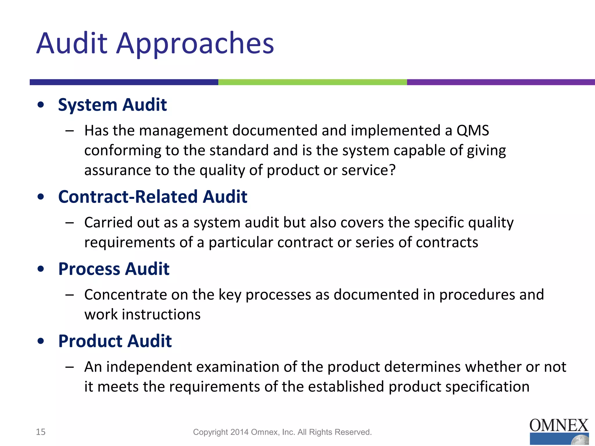 Audit Approaches
• System Audit
– Has the management documented and implemented a QMS
conforming to the standard and is the system capable of giving
assurance to the quality of product or service?
• Contract-Related Audit
– Carried out as a system audit but also covers the specific quality
requirements of a particular contract or series of contracts
• Process Audit
– Concentrate on the key processes as documented in procedures and
work instructions
• Product Audit
– An independent examination of the product determines whether or not
it meets the requirements of the established product specification
15 Copyright 2014 Omnex, Inc. All Rights Reserved.
 