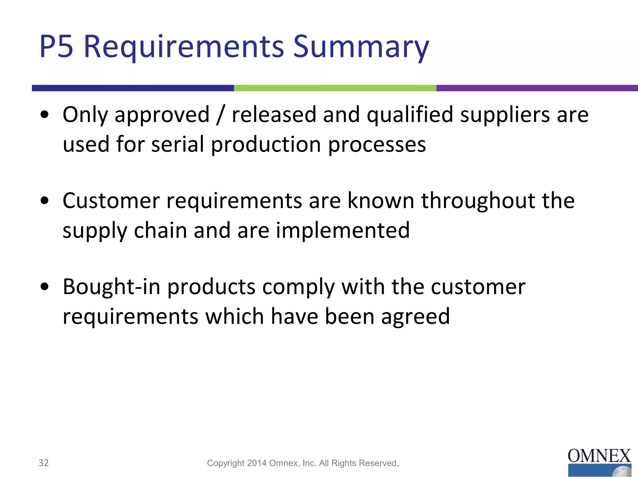P5 Requirements Summary
• Only approved / released and qualified suppliers are
used for serial production processes
• Customer requirements are known throughout the
supply chain and are implemented
• Bought-in products comply with the customer
requirements which have been agreed
32 Copyright 2014 Omnex, Inc. All Rights Reserved.
 