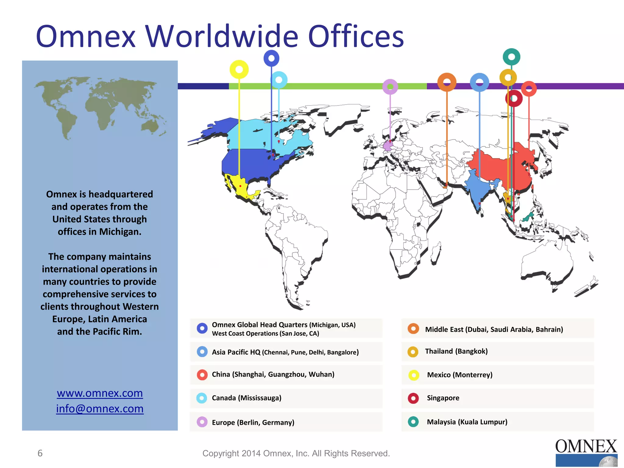 Omnex Worldwide Offices
Omnex is headquartered
and operates from the
United States through
offices in Michigan.
The company maintains
international operations in
many countries to provide
comprehensive services to
clients throughout Western
Europe, Latin America
and the Pacific Rim.
www.omnex.com
info@omnex.com
Omnex Global Head Quarters (Michigan, USA)
West Coast Operations (San Jose, CA)
Asia Pacific HQ (Chennai, Pune, Delhi, Bangalore)
China (Shanghai, Guangzhou, Wuhan)
Canada (Mississauga)
Europe (Berlin, Germany)
Middle East (Dubai, Saudi Arabia, Bahrain)
Thailand (Bangkok)
Mexico (Monterrey)
Singapore
Malaysia (Kuala Lumpur)
Copyright 2014 Omnex, Inc. All Rights Reserved.6
 