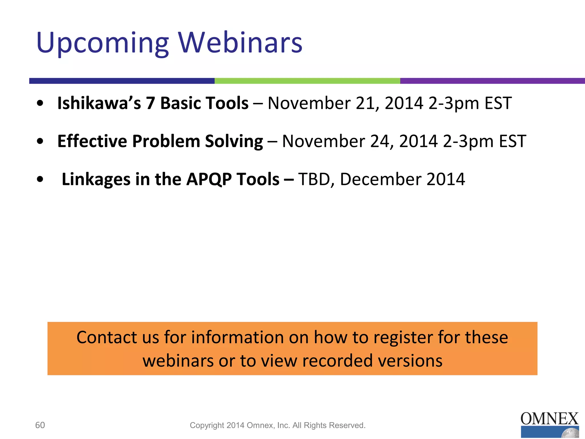 Upcoming Webinars
• Ishikawa’s 7 Basic Tools – November 21, 2014 2-3pm EST
• Effective Problem Solving – November 24, 2014 2-3pm EST
• Linkages in the APQP Tools – TBD, December 2014
60 Copyright 2014 Omnex, Inc. All Rights Reserved.
Contact us for information on how to register for these
webinars or to view recorded versions
 