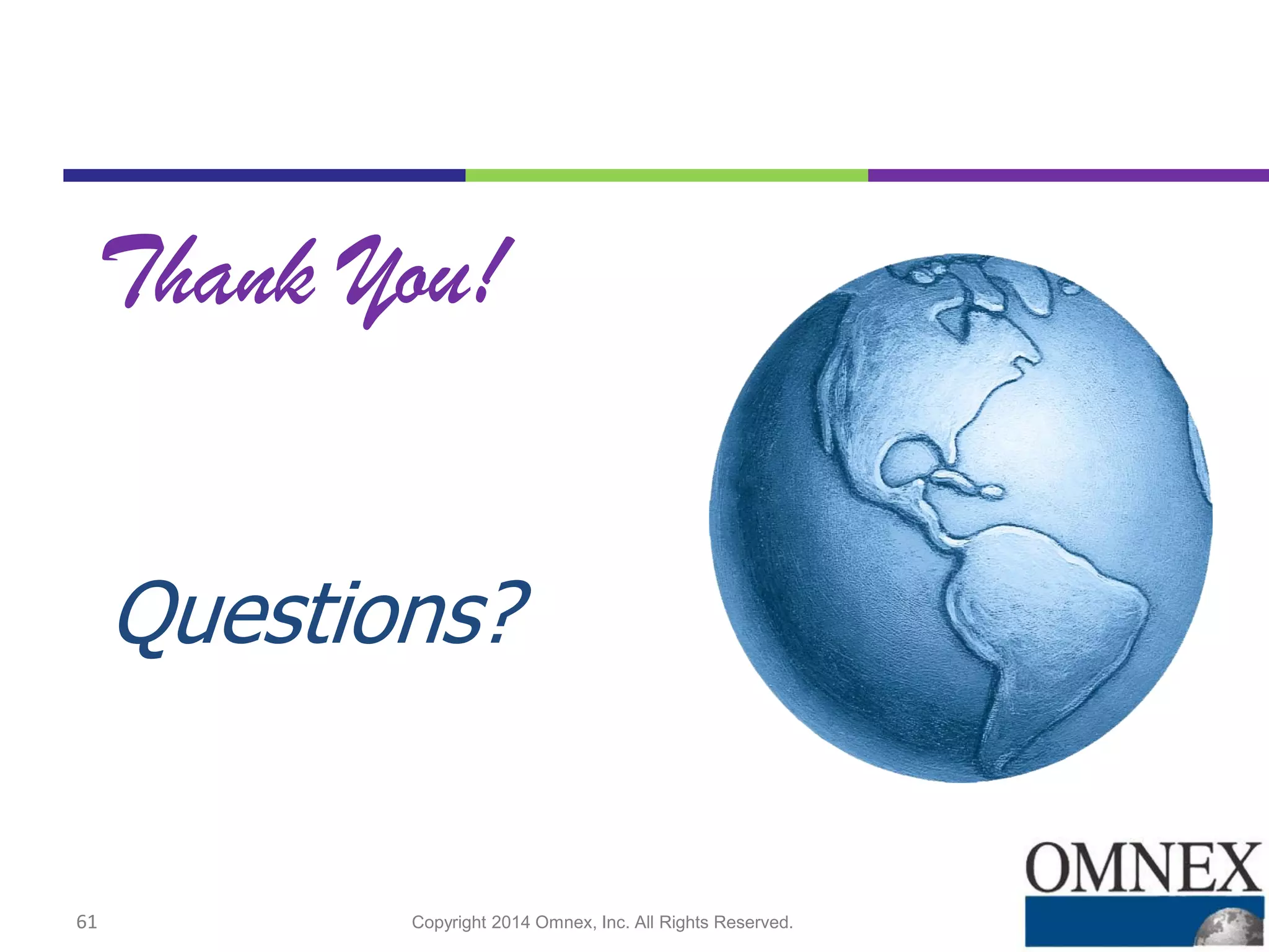 61 Copyright 2014 Omnex, Inc. All Rights Reserved.
info@omnex.com
734.761.4940
www.omnex.com
Questions?
Thank You!
 