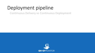 Deployment	pipeline
Continuous	Delivery	vs	Continuous	Deployment
 