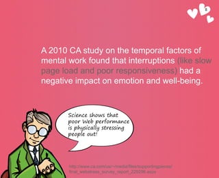 8




A 2010 CA study on the temporal factors of
mental work found that interruptions (like slow
page load and poor respon...