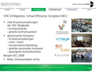 Best Practices aus dem Netzwerk –
Erfolgsgeschichten der Kooperation


      Projekte                 Produkte               Veranstaltungen          Veröffentlichungen            Arbeitsgruppen   Lehre




    VDC-Erfolgsstory: Virtual Efficiency Congress (VEC)

     viele Einzelveranstaltungen
       der VDC-Mitglieder:
       - Einzelaufwände
       - geteilte Aufmerksamkeit
     gemeinsamer Kongress:
       - Einzelveranstaltungen
         unter 1 Dach
       - konzentriertes Marketing
       - geteilter personeller Aufwand
       - gesteigerte Aufmerksamkeit
    Beispiel VEC 2009
     Bilder, Mitveranstalter rechts

   © Kompetenzzentrum Virtuelle Realität und Kooperatives Engineering w. V. – Virtual Dimension Center VDC
                                                                                                                                13
 