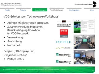 Best Practices aus dem Netzwerk –
Erfolgsgeschichten der Kooperation


      Projekte                 Produkte               Veranstaltungen          Veröffentlichungen            Arbeitsgruppen   Lehre




    VDC-Erfolgsstory: Technologie-Workshops

     Abfrage Mitglieder nach Interessen
     Zusammenstellung Programm,
      Berücksichtigung Knowhow
      im VDC-Netzwerk
     Vermarktung
     Ausrichtung
     Nacharbeit

    Beispiel: „3D-Display- und
    -Projektionstechnik“
     Partner rechts


   © Kompetenzzentrum Virtuelle Realität und Kooperatives Engineering w. V. – Virtual Dimension Center VDC
                                                                                                                                14
 