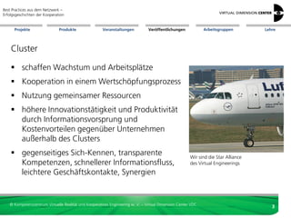 Best Practices aus dem Netzwerk –
Erfolgsgeschichten der Kooperation


      Projekte                 Produkte               Veranstaltungen          Veröffentlichungen            Arbeitsgruppen        Lehre




    Cluster

     schaffen Wachstum und Arbeitsplätze
     Kooperation in einem Wertschöpfungsprozess
     Nutzung gemeinsamer Ressourcen
     höhere Innovationstätigkeit und Produktivität
      durch Informationsvorsprung und
      Kostenvorteilen gegenüber Unternehmen
      außerhalb des Clusters
     gegenseitiges Sich-Kennen, transparente                                                         Wir sind die Star Alliance
      Kompetenzen, schnellerer Informationsfluss,                                                     des Virtual Engineerings

      leichtere Geschäftskontakte, Synergien


   © Kompetenzzentrum Virtuelle Realität und Kooperatives Engineering w. V. – Virtual Dimension Center VDC
                                                                                                                                      3
 