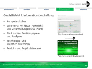 Vorstellung VDC                   Mitglieder                          Mission                   Leistungsangebot
                                                                                                  Leistungsangebot   Referenzen




Geschäftsfelder der VDC Geschäftsstelle

1.       Beschaffung Fachinformation

2.       Außendarstellung & Marketing

3.       Kontaktvermittlung

4.       Technologietransfer

5.       Planung und Organisation von Fördermitteln




© Kompetenzzentrum Virtuelle Realität und Kooperatives Engineering w. V. – Virtual Dimension Center VDC
                                                                                                                            17
 