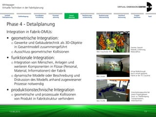 Grundlagen-
ermittlung
Konzept-
planung
Realisierungs-
vorbereitung
Zielfestlegung
Detail-
planung
Realisierungs-
überwachung
Hochlauf-
betreuung
Projekt-
abschluss
Whitepaper
Virtuelle Techniken in der Fabrikplanung
Umfeld
Fabrikplanung
Fazit
Phase 4 - Detailplanung
14.08.2015 13
Planung Montageprozesse
 3D-Simulation des Montageprozesses
 manuelle Montagetätigkeiten über
o 3D-Menschmodelle oder
o VR (Tracking, Motion Capturing)
nachbildbar
 Absicherung Montierbarkeit und
Demontierbarkeit
 Ermittlung von Vorgabezeiten durch
die Bearbeitung von VR-Szenarien
Bild: Altran/Industriehansa
Virtuelle Montage und
Demontage vor der Powerwall
mit Anleitung und/oder
Dokumentation (Recording)
Bild: ESI
Absicherung Montierbarkeit:
Simulation beidhändiger
Montage vor Powerwall
mit 2 Flysticks
Detail-
planung
Ermittlung Vorgabezeiten
durch Bearbeitung einer
VR-Szene (Montage Motor);
Einträge erscheinen automatisch
in der linken Tabelle)Bild: Altran/Industriehansa
 