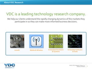 About	
  VDC	
  Research	
  




   VDC	
  is	
  a	
  leading	
  technology	
  research	
  company.	
  	
  
                                                               	
  
   We	
  help	
  our	
  clients	
  understand	
  the	
  rapidly	
  changing	
  dynamics	
  of	
  the	
  markets	
  they	
  	
  
             participate	
  in	
  so	
  they	
  can	
  make	
  more	
  informed	
  business	
  decisions.	
  
                                                               	
  	
  
                                                               	
  




                   AutoID	
  	
        Mobile	
  &	
  Wireless	
     Embedded	
  Hardware	
     Embedded	
  Software	
  
                                                                         &	
  Systems	
  	
          &	
  Tools	
  
                        	
  	
                     	
  	
  
                                                                                                             	
  




                                                                                                   © 2012 VDC Research Group, Inc.
                                                                                                                Mobile & Wireless    1	
  
 vdcresearch.com
 