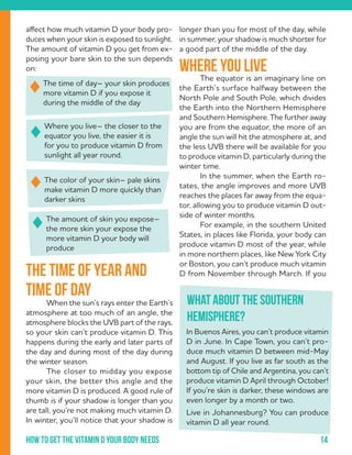 14How to get the vitamin d your body needs
affect how much vitamin D your body pro-
duces when your skin is exposed to sunlight.
The amount of vitamin D you get from ex-
posing your bare skin to the sun depends
on:
	 When the sun’s rays enter the Earth’s
atmosphere at too much of an angle, the
atmosphere blocks the UVB part of the rays,
so your skin can’t produce vitamin D. This
happens during the early and later parts of
the day and during most of the day during
the winter season.
	 The closer to midday you expose
your skin, the better this angle and the
more vitamin D is produced. A good rule of
thumb is if your shadow is longer than you
are tall, you’re not making much vitamin D.
In winter, you’ll notice that your shadow is
The time of day– your skin produces
more vitamin D if you expose it
during the middle of the day
Where you live– the closer to the
equator you live, the easier it is
for you to produce vitamin D from
sunlight all year round.
The color of your skin– pale skins
make vitamin D more quickly than
darker skins
The amount of skin you expose–
the more skin your expose the
more vitamin D your body will
produce
The time of year and
time of day
longer than you for most of the day, while
in summer, your shadow is much shorter for
a good part of the middle of the day.
	 The equator is an imaginary line on
the Earth’s surface halfway between the
North Pole and South Pole, which divides
the Earth into the Northern Hemisphere
and Southern Hemisphere. The further away
you are from the equator, the more of an
angle the sun will hit the atmosphere at, and
the less UVB there will be available for you
to produce vitamin D, particularly during the
winter time.
	 In the summer, when the Earth ro-
tates, the angle improves and more UVB
reaches the places far away from the equa-
tor, allowing you to produce vitamin D out-
side of winter months.
	 For example, in the southern United
States, in places like Florida, your body can
produce vitamin D most of the year, while
in more northern places, like New York City
or Boston, you can’t produce much vitamin
D from November through March. If you
Where you live
What about the Southern
Hemisphere?
In Buenos Aires, you can’t produce vitamin
D in June. In Cape Town, you can’t pro-
duce much vitamin D between mid-May
and August. If you live as far south as the
bottom tip of Chile and Argentina, you can’t
produce vitamin D April through October!
If you’re skin is darker, these windows are
even longer by a month or two.
Live in Johannesburg? You can produce
vitamin D all year round.
 