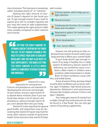 7What is vitamin D?
with include:
	
	
	
	
	
	
	 Doctors are still working to fully un-
derstand how vitamin D works within your
body and how it affects your overall health.
	 If your body doesn’t get enough vi-
tamin D to keep it healthy, this is called
vitamin D deficiency. Severe vitamin D
deficiency can sometimes cause a con-
dition called rickets in children and a
condition called osteomalacia in adults.
Both of these conditions cause soft,
thin, and brittle bones.
	 A lack of vitamin D has also been linked
to some other conditions such as cancer, asth-
ma, type-II diabetes, high blood pressure,
depression, Alzheimer’s and autoimmune
diseases like multiple sclerosis, Crohn’s and
type-I diabetes.
	 Your body gets vitamin D mainly from
sunlight, though very small amounts can also
be found in a few foods. You can also get
vitamin D by taking supplements.
	
Immune system, which helps you to
fight infection
Cardiovascular function, for a healthy
heart and circulation
Respiratory system, for healthy lungs
and airways
Brain development
Muscle function
Anti-cancer effects
into a hormone. This hormone is sometimes
called “activated vitamin D” or “calcitriol.”
	 Getting the right amount of vita-
min D doesn’t depend on the foods you
eat. To get enough vitamin D you need to
expose your skin to sunlight regularly and
you may also need to take supplements.
This makes getting the right amount a little
more complex compared to other vitamins
and minerals.
	
Vitamin D is very
important for strong bones.
Calcium and phosphorus are essential for
developing the structure and strength
of your bones, and you need vitamin D
to absorb these minerals. Even if you eat
foods that contain a lot of calcium and
phosphorus, without enough vitamin D,
you can’t absorb them into your body.
	 Vitamin D is also important for general
good health, and researchers now are dis-
covering that vitamin D may be important for
many other reasons outside of good bone
health. Some functions that vitamin D helps
	 Getting the right amount of
vitaminDdoesn'tdependonthefoods
you eat. To get enough vitamin D you
need to expose your skin to sunlight
regularly and you may also need to
takesupplements.Thismakesgetting
the right amount a little more
complexcomparedtoothervitamins
and minerals
“
”
 